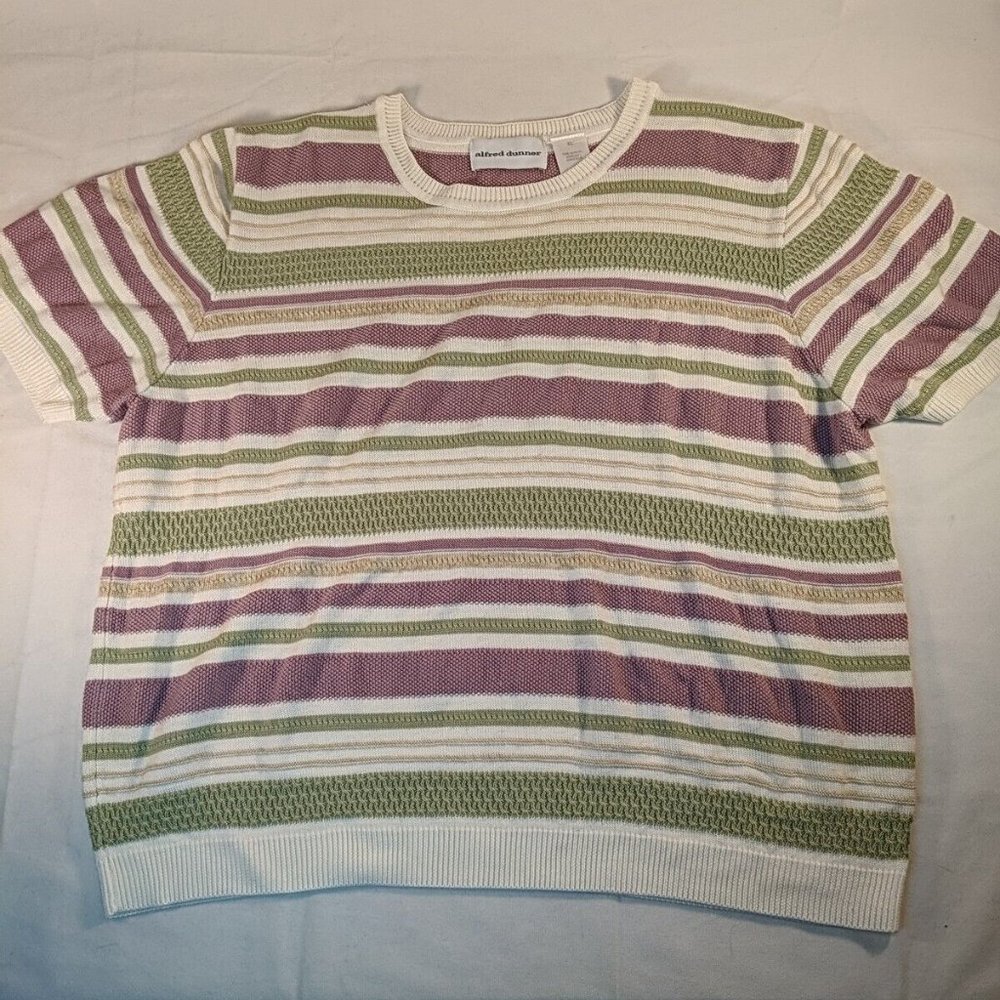 Alfred Dunner Purple Green Cream Striped Knit Short Sleeve Sweater Shirt Top XL